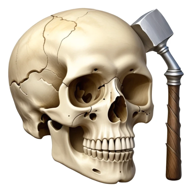An icon featuring a human skull and fossilized bones, symbolizing the study of anthropology. The design includes archaeological tools like a pickaxe and brush, with a background of ancient artifacts and a globe. Transparent background emphasizes the exploration of human history and evolution. sticker
