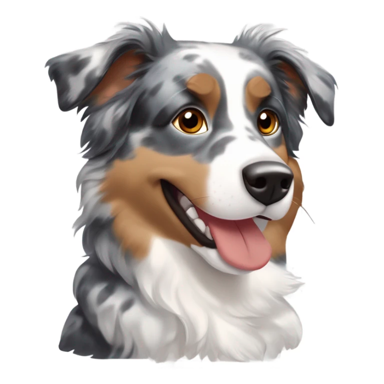 Blue merle Australian Shepherd with mostly gray and black fur, tan accents on cheeks, eyebrows, and legs, minimal white on the face and chest, bright brown eyes, black-tipped fluffy ears, big happy smile, and a red collar with tags. sticker