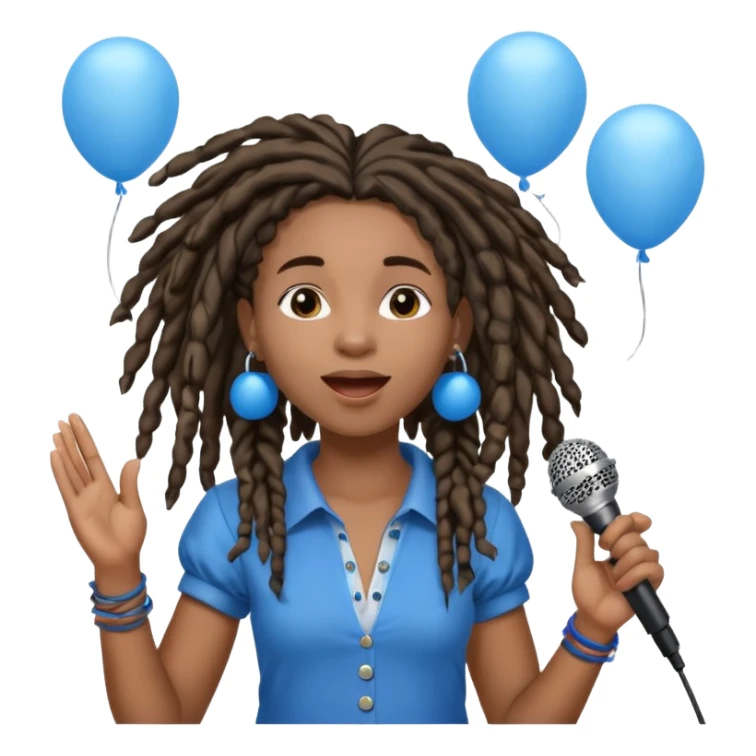 Black girl Stud with dreadlocks singing 1,2,3 release em with white and blue balloons flying overhead emoji like with mic in hand  sticker
