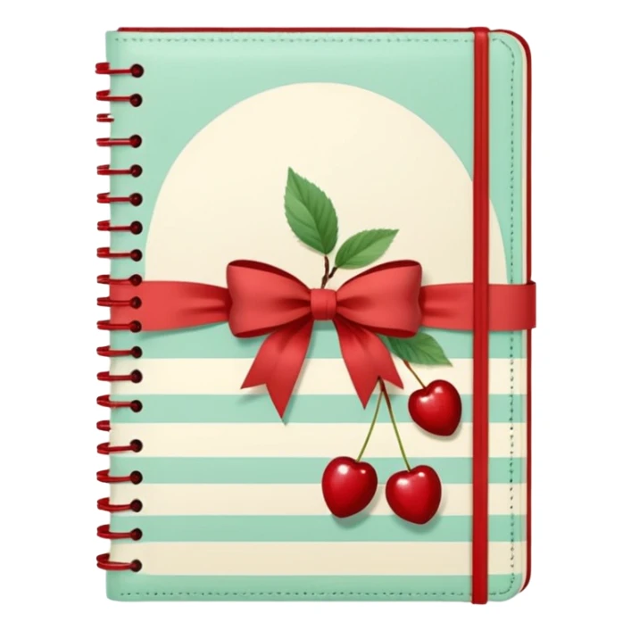 Cute vintage notebook cover, mint and cream vertical stripes, red spine
Hand-drawn cherries with leopard bow, playful feminine aesthetic
Flat illustration, clean composition, soft retro color palette sticker