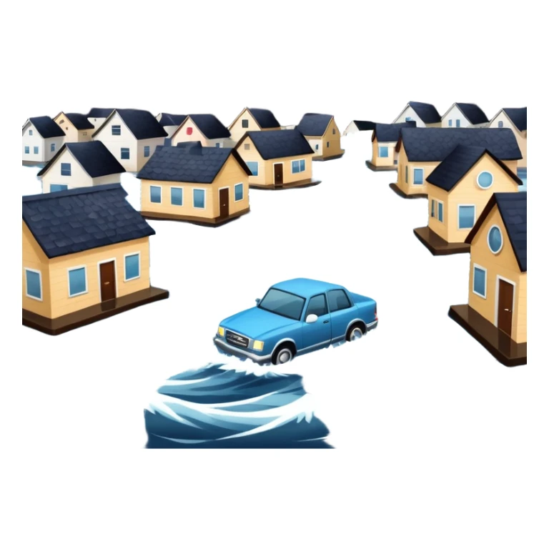 showing a flood disaster scene with strong water waves overflowing streets, partially submerged houses and cars, dark cloudy sky sticker