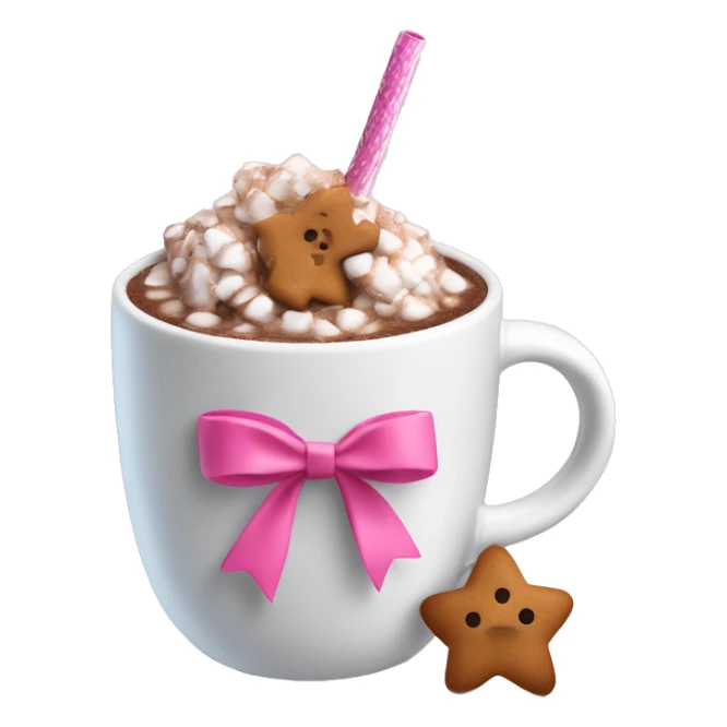 hot coco in a mug with small gingerbreads and a pink straw with a white bow tied around the straw sticker