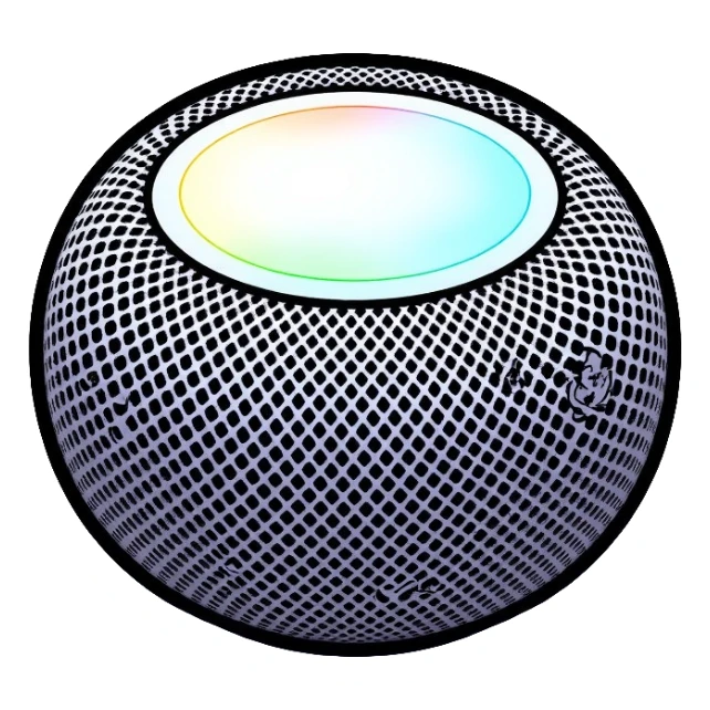 Modern Apple HomePod mini smart speaker, spherical compact design with touch interface on top, minimalist aesthetic sticker