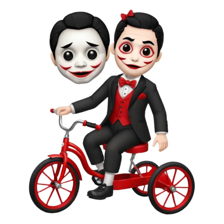 Billy the puppet from Saw riding a red tricycle, emoji style, white face, red spiral cheeks, black hair, red bow tie sticker