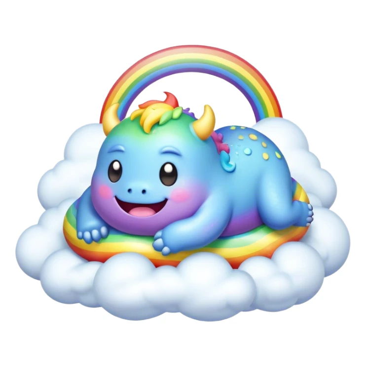 3D, Kawaii derpy fat rainbow monster laying on a magic rainbow cloud, rich textures, visually detailed, so lifelike that it feels like it could leap off the page at any moment sticker