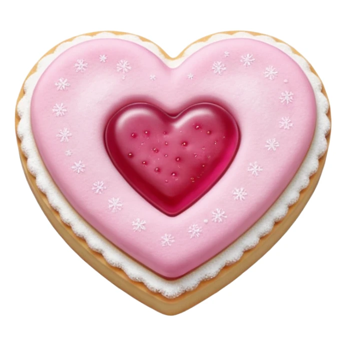 Realistic shortbread cookie in the shape of a heart with pink jelly middle filling and sprinkled powder sugar on top. sticker