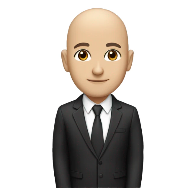 light skinned bald teacher with brown eyes wearing a black suit and a tan tie with a geometric pattern. teacher also wearing headphones and no glasses sticker