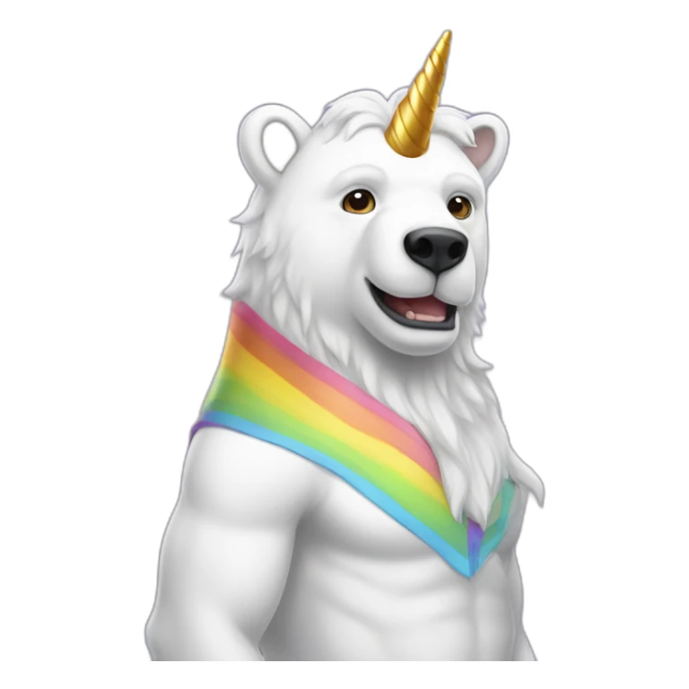 a white bear with half horse half human body wearing a rainbow unicorn horn sticker