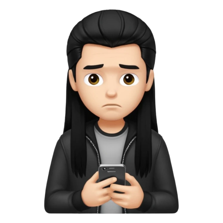 a PRETTY BRATZ boy with black long hair , using his phone and looking sad sticker