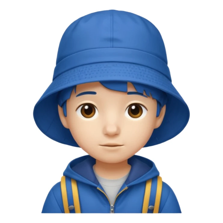 Little student wears blue bucket hat and jacket, backpack, shy sticker