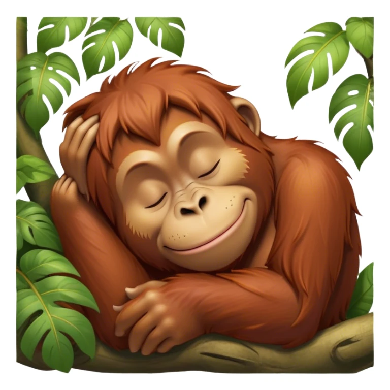 Meme-Worthy cute Sleeping Orangutan Portrait Emoji, Head resting peacefully with a contented smile, showcasing luxuriously soft fur and eyes gently closed in serene slumber, Simplified yet comically adorable features, highly detailed, glowing with a soft, drowsy jungle light, high shine, relaxed and utterly lovable, stylized with an air of playful laziness, bright and heartwarming, soft glowing outline, capturing the essence of a sleeping orangutan that feels destined to become the next viral icon of adorable rest! sticker