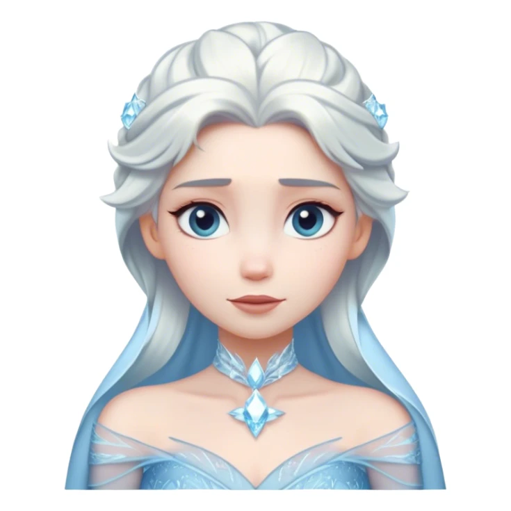 Cinematic Timeless Snow Queen Portrait Emoji, rendered in a clean, vector style. Depict Elsa with icy pale skin, intricately styled platinum hair, and a serene, regal expression, dressed in a minimalist ice-blue gown. The design features bold, simplified shapes, a soft, drowsy crystalline glow, and a subtle glowing outline, capturing the essence of timeless, majestic winter beauty. sticker