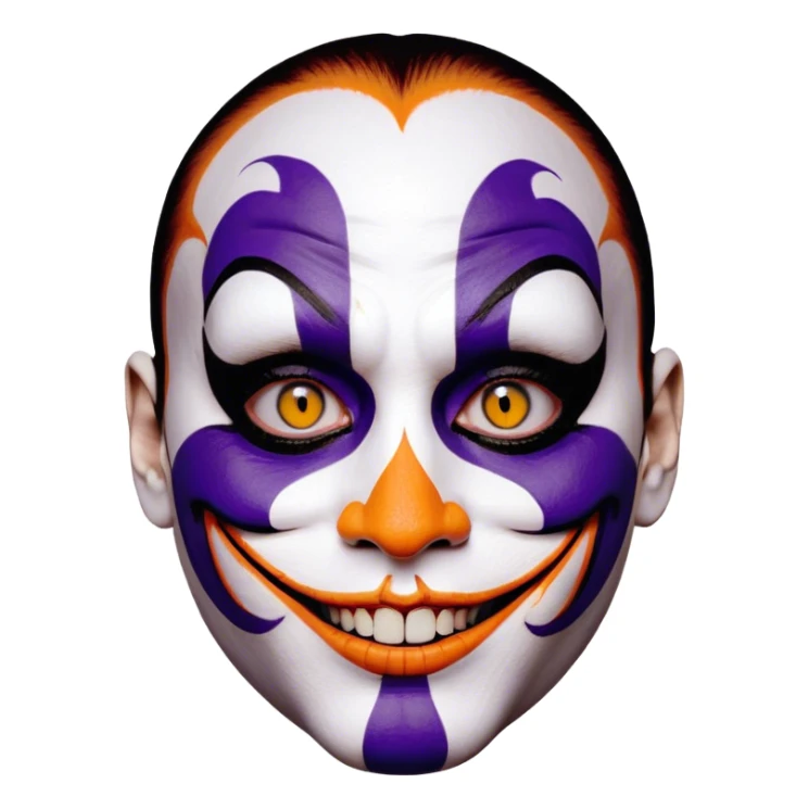 Perfectly round disembodied floating Juggalo smiley face that is hairless with white skin with realistic human brown colored eyes and elaborate but symmetrical thin lined face paint that covers most of the area of their face from the top of the forehead down the sides of their chin to the bottom of their face that is orange outlined in dark purple, with an unrealistic anatomically impossible grin with broken teeth and look in their eyes that is menacing sticker