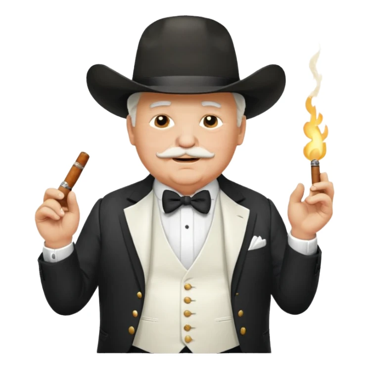 Create an emoji of an older, chubby man wearing an elegant all‑white suit with white waistcoat, white bow tie, and a large white cowboy hat. He is smirking confidently and holding a lit cigar in one hand in front of his chest. The character should look like a greedy, arrogant rich politician. sticker