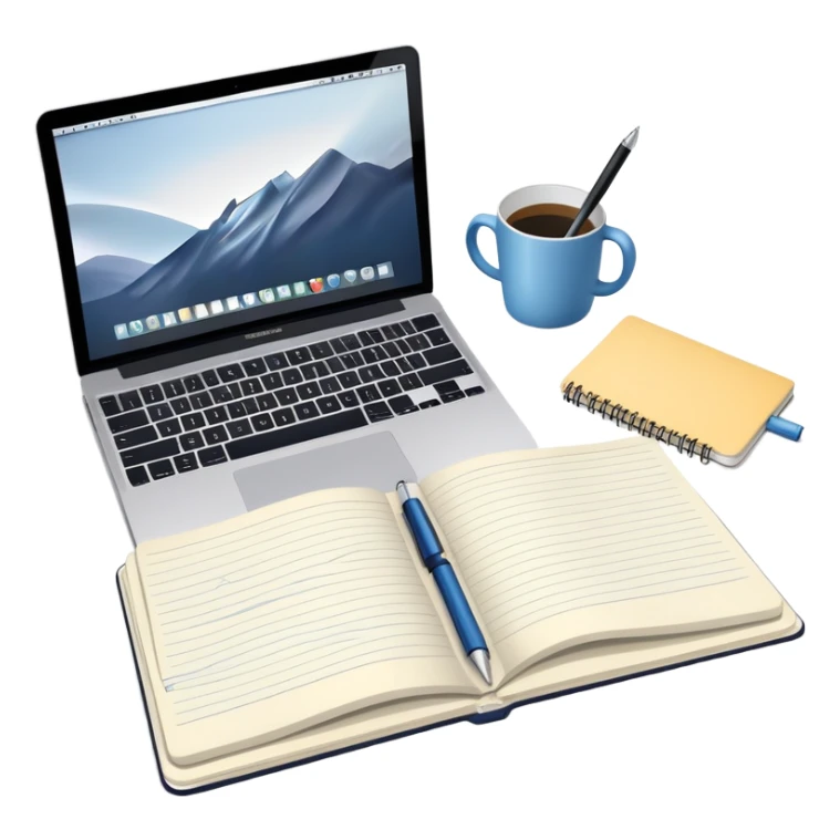 top view of a MacBook and a notebook with a pen nearby, notebook with visible notes sticker