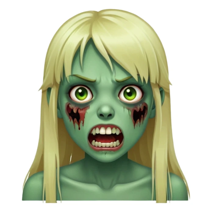 Zombie girl with green skin, visible bruises on face, mouth open showing teeth, long blonde hair with straight bangs sticker