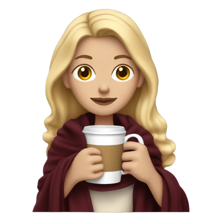 Blonde white lady in a dark burgundy blanket sipping coffe sticker