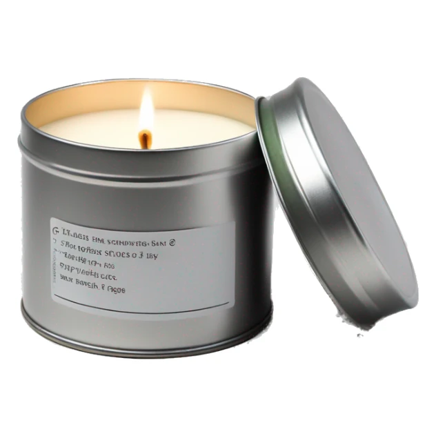 realistic, lit matcha scented candle, silver tin, small plain white label with black text sticker