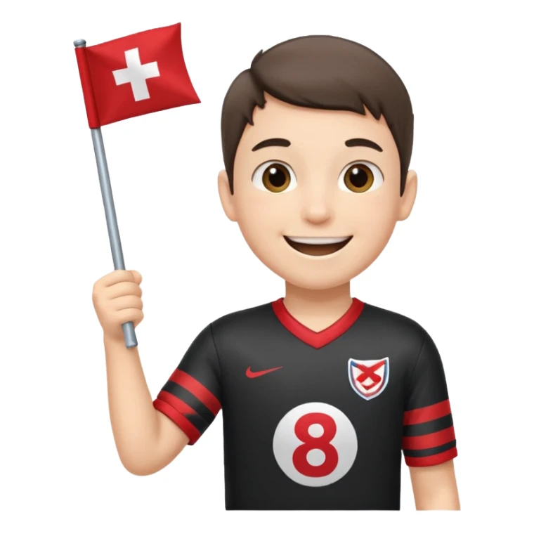 A boy in a jersey, excitedly lifting a small handheld flag. sticker