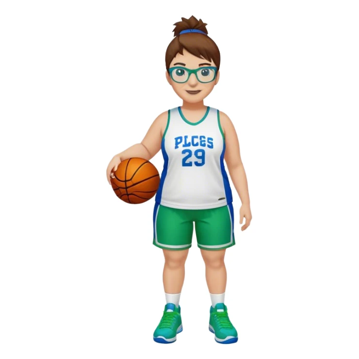 Full Body plus size white female basketball player with short medium brown hair with carmel highlights spike hair wearing blue glasses 
 wide nose wearing blue green uniform  green sneakers smiling  sticker