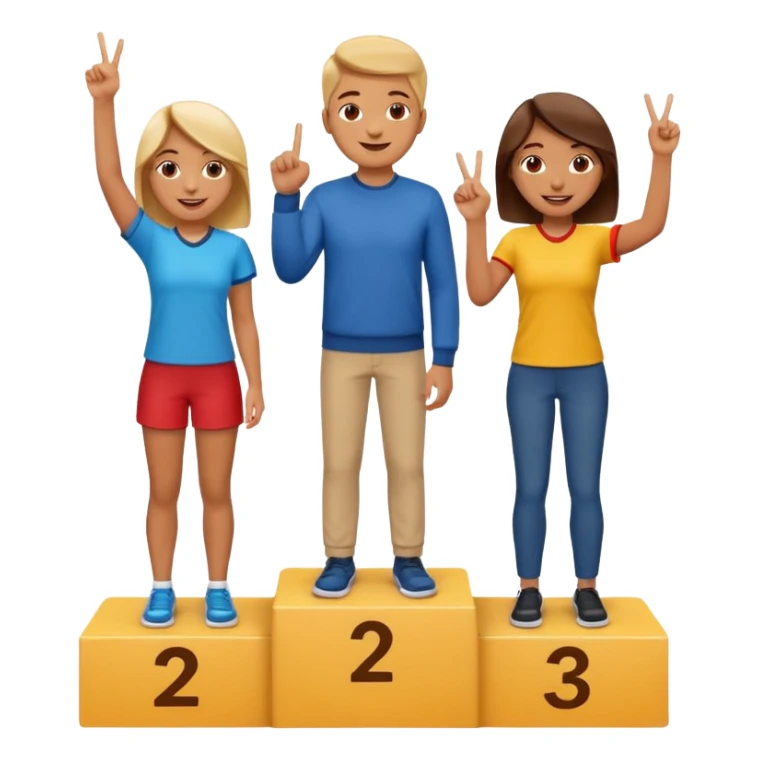 three casually dressed people on a winners podium labeled 2, 1, 3 from left to right, each on their step, center person on 1 holding up one finger on each hand, fun expressive cheerful emoji style sticker