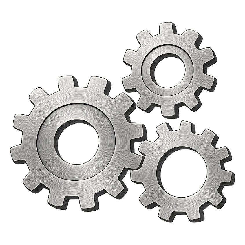 a group of three interlocking metallic cogs, simple design sticker