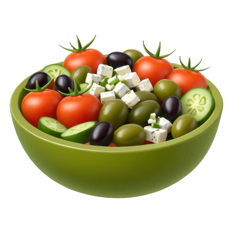 mediterranean salad bowl object icon, tomatoes, cucumbers, olives, feta cheese, olive oil dressing, 3D cartoon, mobile game icon style, clean background, no text, no watermark
 sticker