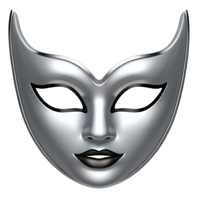 A sleek masquerade mask emoji made of polished silver chrome, smooth sensual curves, reflective metallic surface, mysterious sexy luxury vibe, minimal iOS emoji style, centered, clean white background sticker