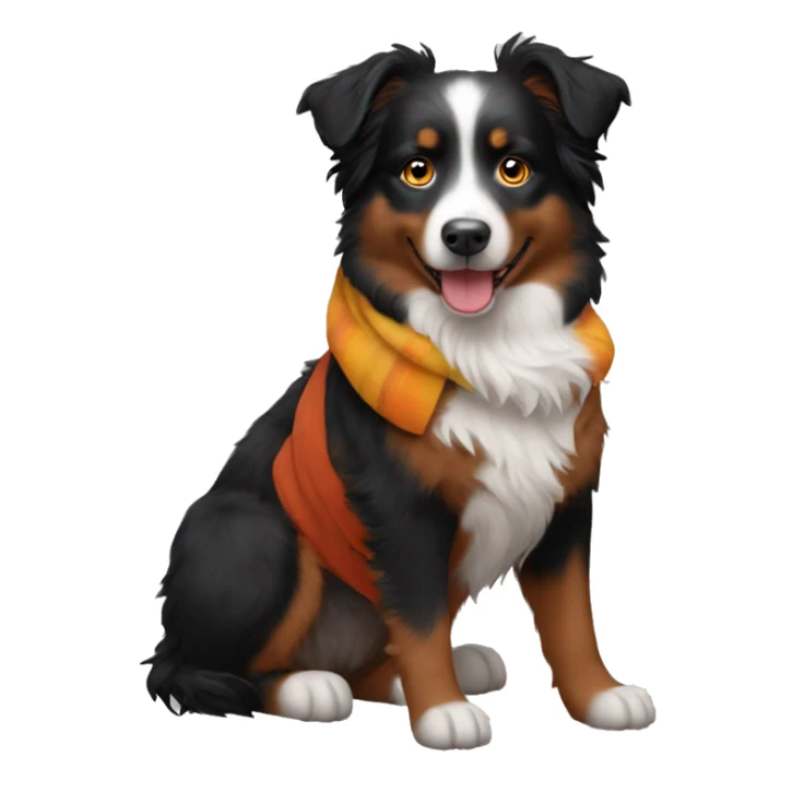 Small black australian shepherd dog wearing autumn sticker