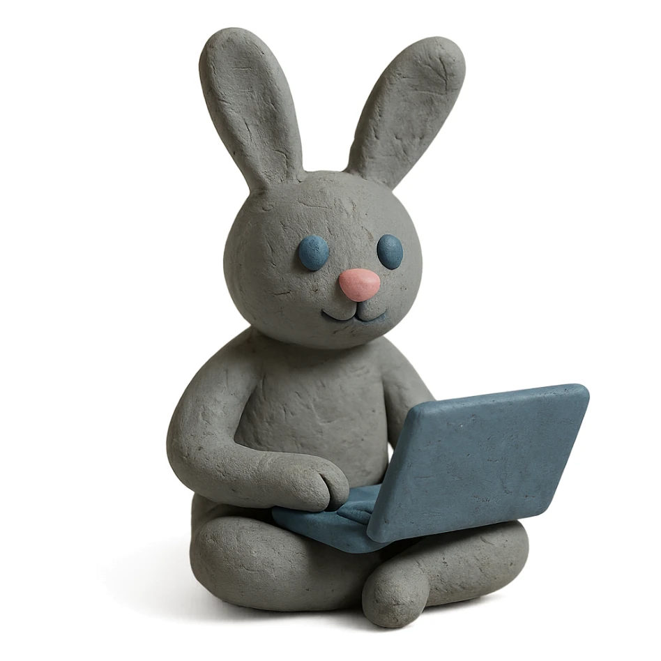 gray bunny sitting cross-legged with laptop in claymation style sticker