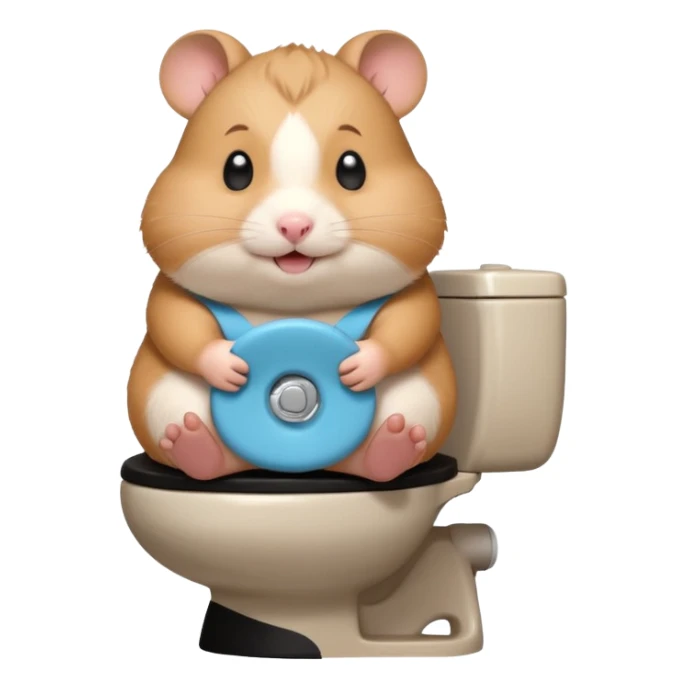 Cute chubby cartoon-style hamster sitting on toilet, sticker-style illustration sticker