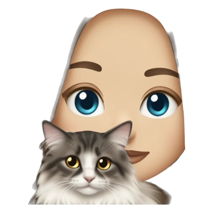 long straight haired blue eyed brunette woman holding norwegian forest cat with amber eyes sticker