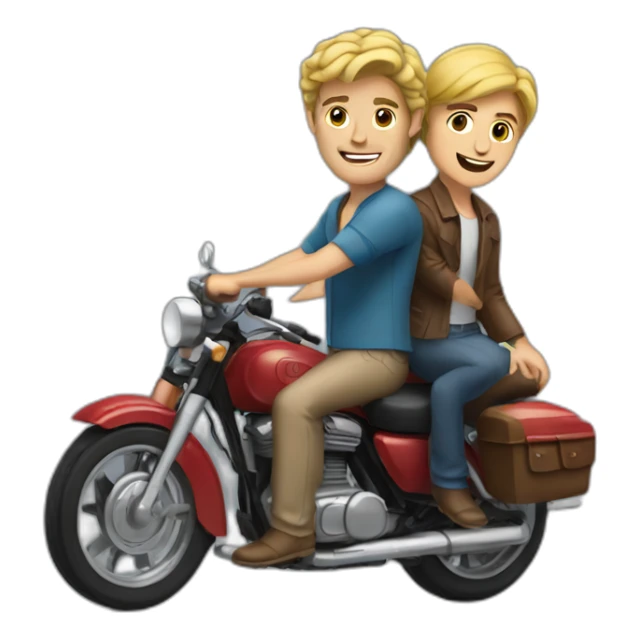 blonde man with brown haired man behind on motorbike sticker