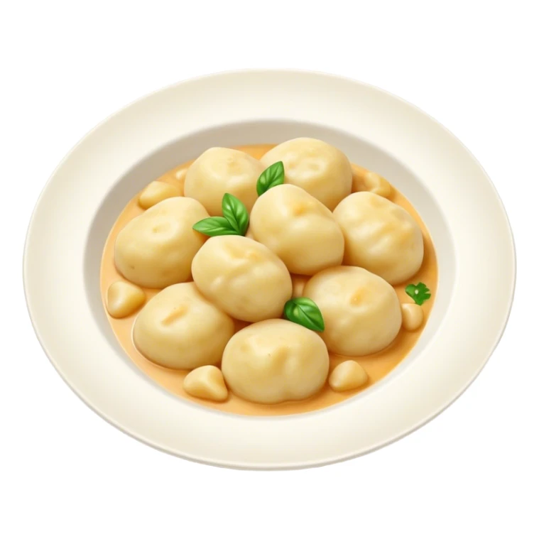Cinematic Realistic Gnocchi Dish Emoji, showcasing tender potato dumplings in a light sauce rendered with soft textures and inviting, natural lighting. sticker