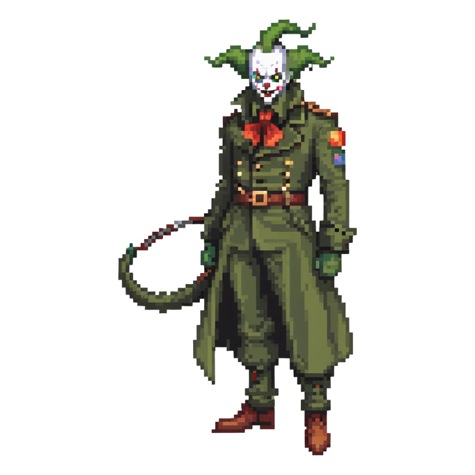 evil clown soldier, bald, small black horns on forehead, fangs, pointed ears, eye patch over one eye, long coat over black and military green clothes with bellbottom pants, tail, holding a different style of whip, realistically proportioned, less bulky, full body, fighting stance sticker
