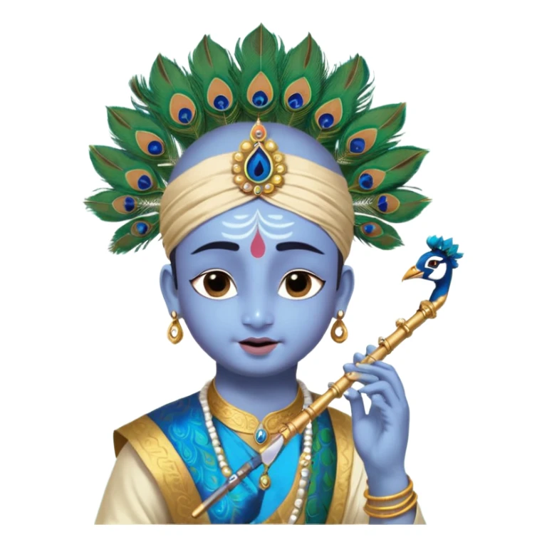 Lord Sri Krishna carrying only one peacock feather on his head with cute face and play flute with happy, big laugh, crying-laugh, sad, ugly cry, shocked, scared, angry, rage, annoyed, side-eye, confused, bored, sleepy, love, blush, smug, proud, panic, facepalm, awkward, thinking, sick, celebratory sticker