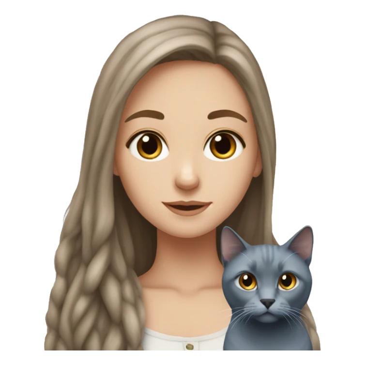 White girl who Has Brown long hair and russian blue cat together sticker