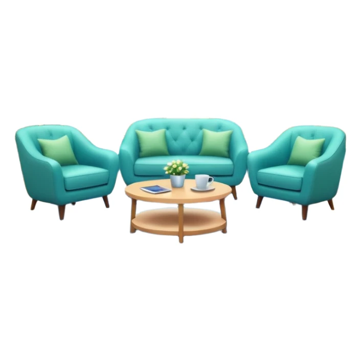 Morning entertainment TV studio, cozy talk show set with armchairs and couch, guests sitting area, round glass coffee table, warm pastel colors, green and blue lighting panels, festive decorations, friendly daytime TV atmosphere, realistic broadcast studio, no branding. sticker
