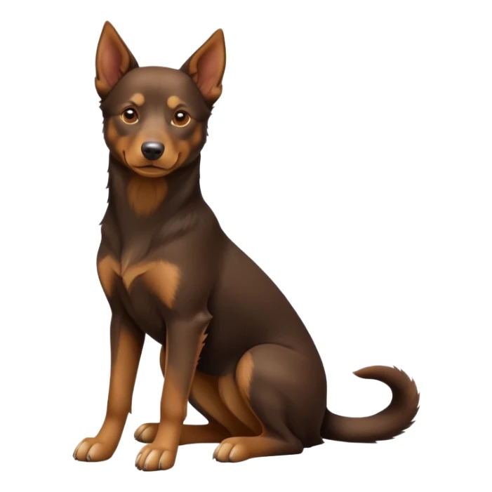 cinematic-[australian kelpie]-realistic-full-body-sitting-emoji,-tail-resting-loosely-beside-its-paws,-head-tilted-dramatically, -sleek-[Brown and tan]-fur,-simplified-yet-realistic-focused-features,-highly-detailed,-glowing-with-an-almost-sarcastic-glow sticker