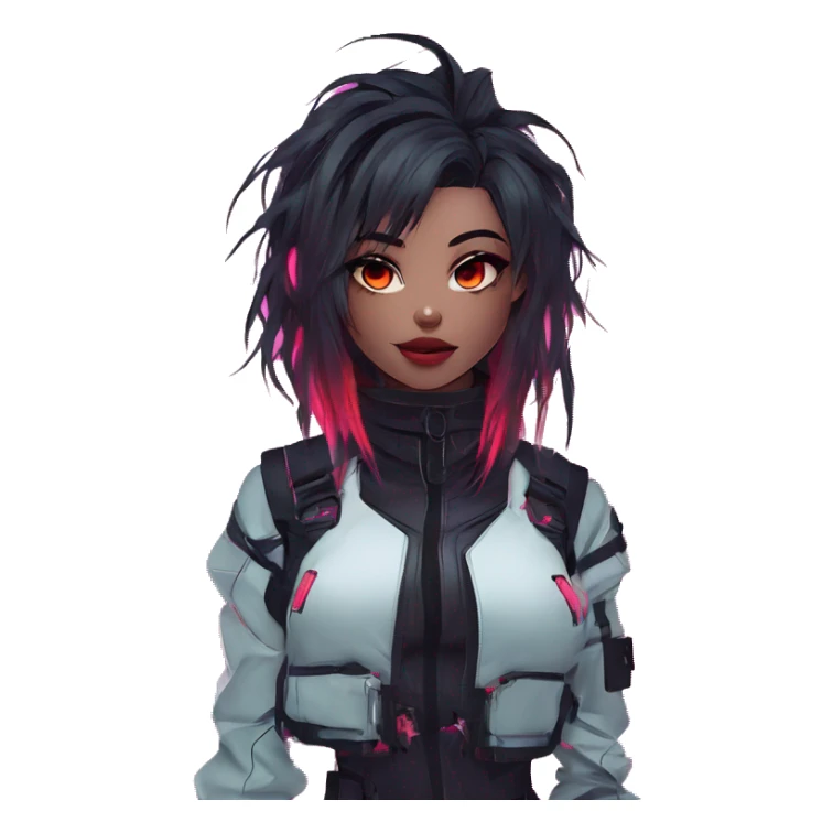 Gorgeous futuristic glowing neon techwear anime style lady with blushing face aesthetic and pretty edgy black red punk messy wild cute hair with collar and harness trending style sticker