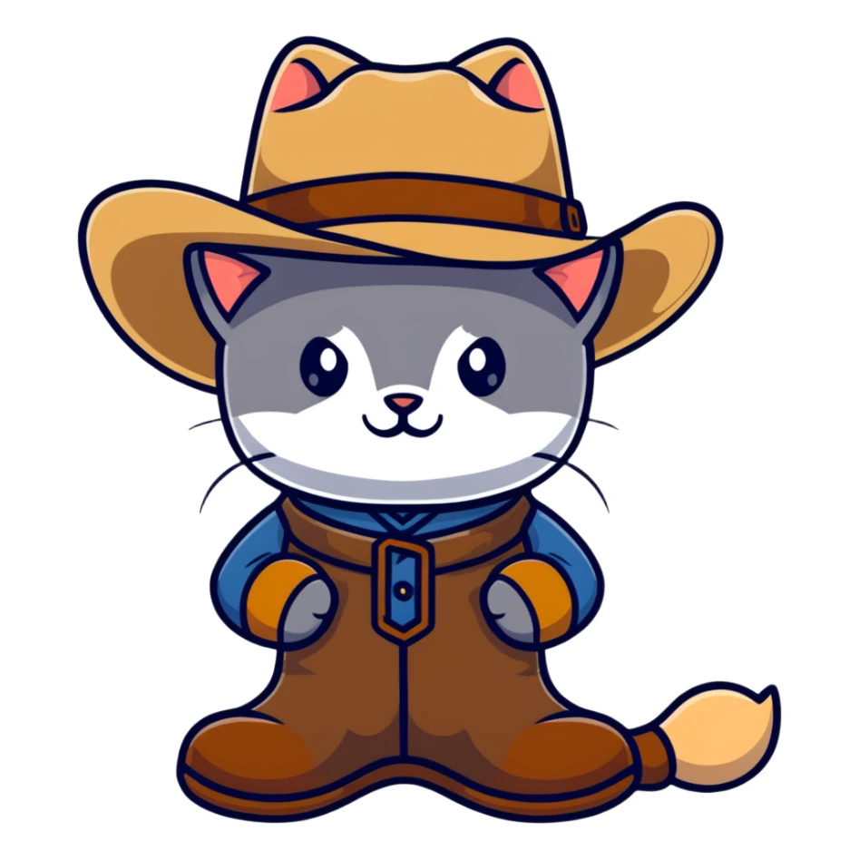 Grey kitten wearing a tan cowboy hat and brown boots sticker