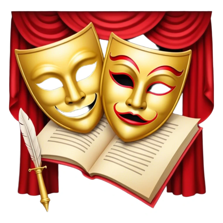 Create a bold and dramatic emoji representing the art of playwriting. The design should feature an open script or a theater playbook, with stylized text lines or dramatic dialogue inside. Include elements like a theatrical mask (comedy or tragedy), a stage spotlight, or a quill to symbolize creativity and performance. Use deep, contrasting colors like red, black, and gold to evoke the intensity and passion of drama. The overall design should feel dramatic, inspiring, and artistic. Make the background transparent. sticker