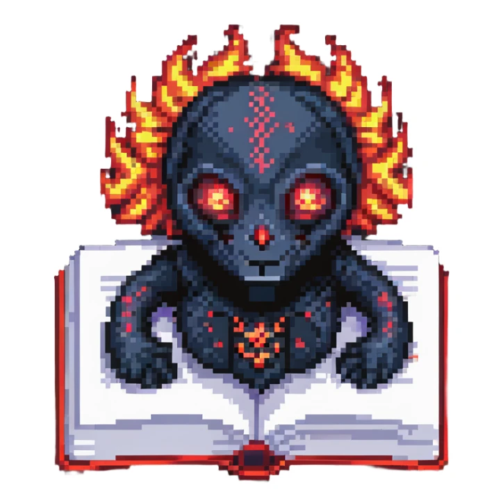 red book with glowing eyes and dark aura in pixel art style sticker