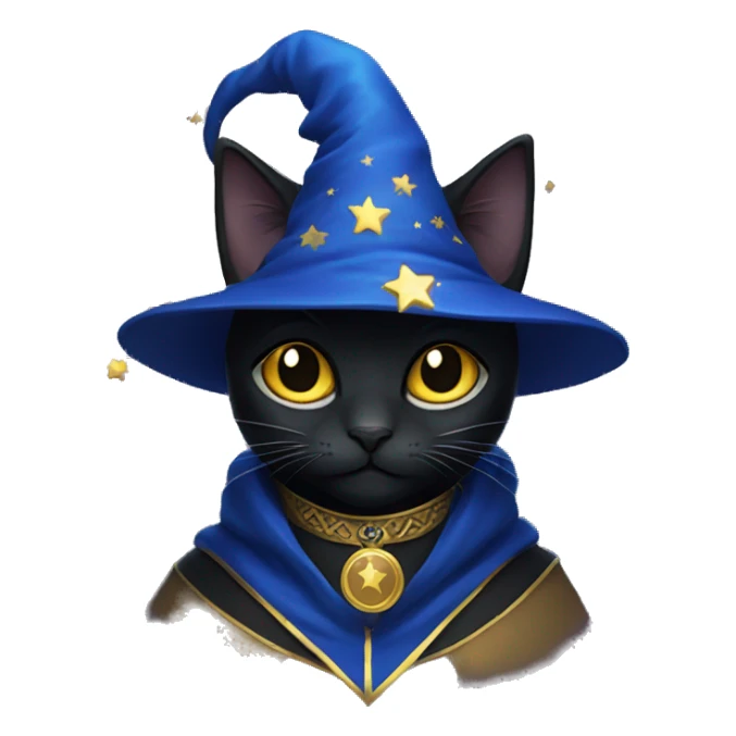 Black cat wizard wearing blue with gold stars sticker