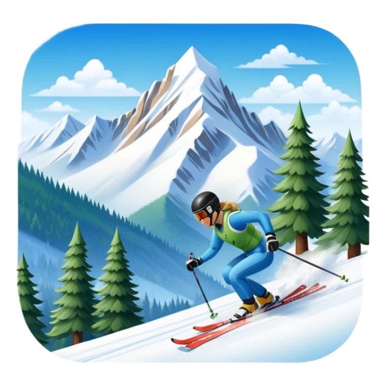An icon featuring snowy peaks, pine trees, and a picturesque mountain landscape with a skier racing down a snow-covered slope, The sky is blue with soft clouds, capturing the thrill and beauty of alpine skiing. Transparent background highlights the excitement and serenity of winter sports. sticker