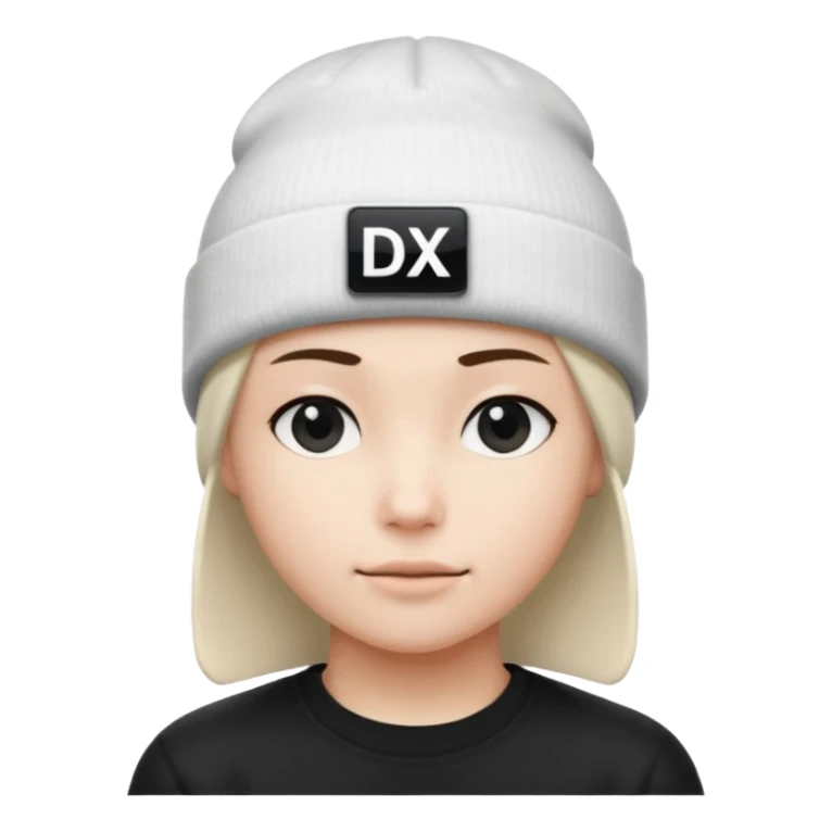 wearing a white beanie with an black square logo with the word "DX" written on it.

 sticker