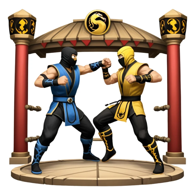 An icon showing two fighters in combat poses, inspired by Mortal Kombat. One character delivers a powerful kick, while the other blocks. The background features an iconic arena from the game with life bars at the top, symbolizing intense battles. Transparent background. sticker