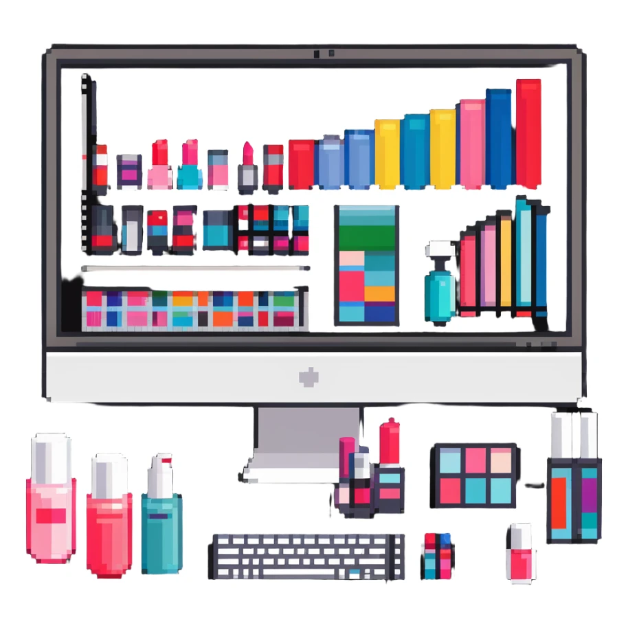 iMac computer with colorful bar charts and beauty products like lipstick, nail polish, cream jars on the screen sticker