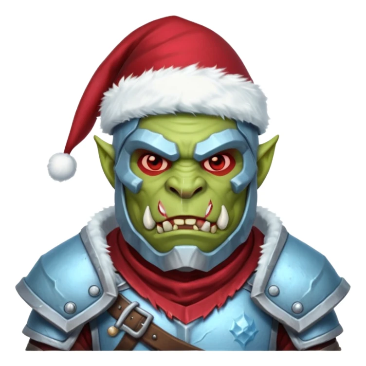 
Fantasy Christmas orc legion soldier icon, iron tundra army theme, heavy winter armor, disciplined brutal look, icy blue steel armor with deep crimson accents, frozen metal texture, cold winter atmosphere, male variant sticker