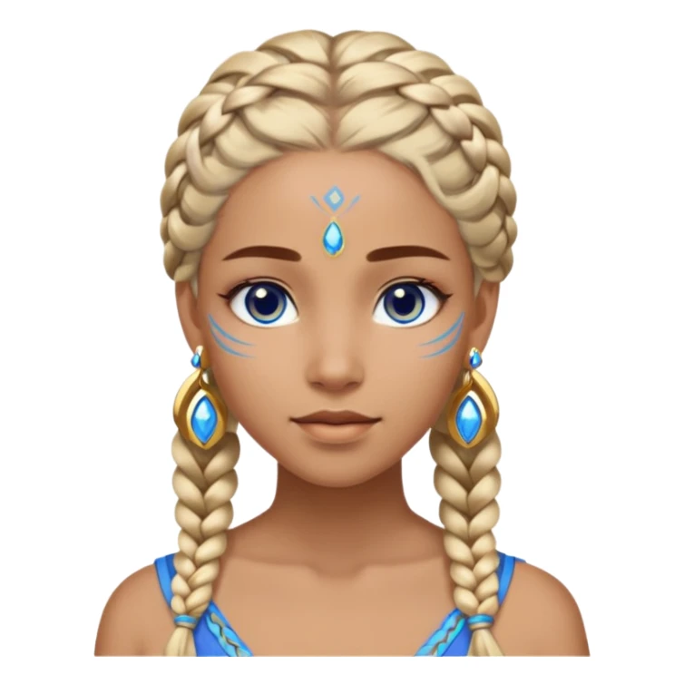 Draw a Na’vi female with glowing blue skin, white forehead markings, braided hair, gold earrings & a calm gaze. sticker